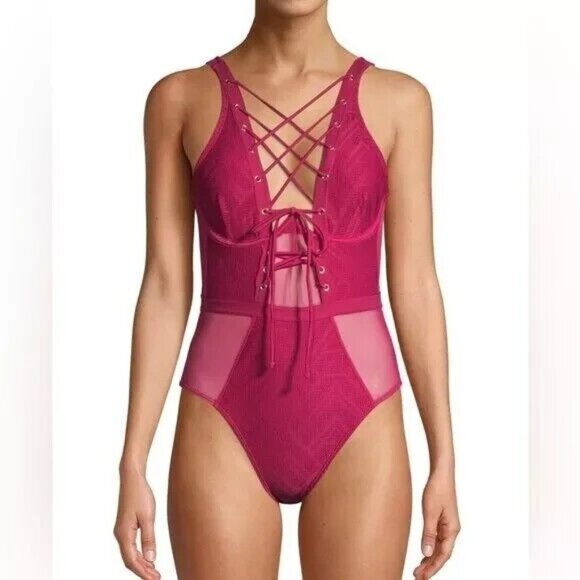 NWT  XOXO  Lace Up Corset Raspberry Pink One Piece Swimsuit Medium - Picture 1 of 4